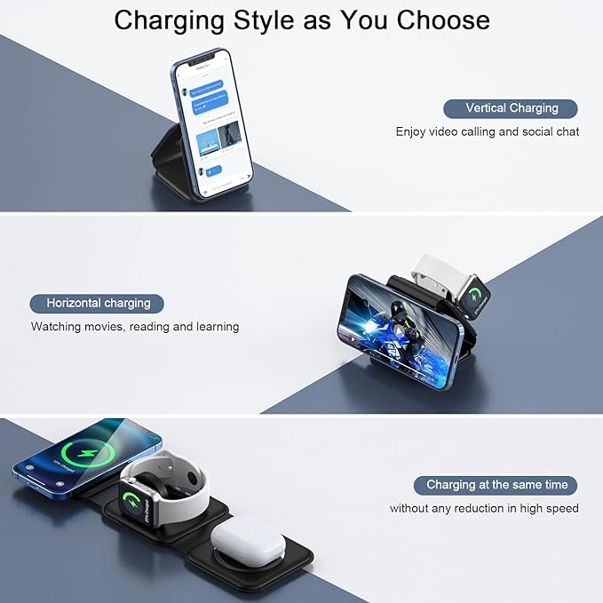 Wireless Charger 3 in 1,RTOPS Magnetic Travel Wireless Charging Station Multiple Devices,GaN 3 in 1 Charging Station,Compatible for iPhone15/14/13/12/Pro/Max,iWatch,AirPods 3/2/Pro(Adapter Includes) - QGeeM