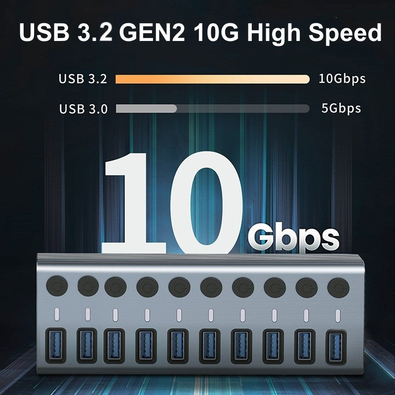 QGEEM 10 Ports USB 3.2 Hub with 10Gbps Data Speed, Aluminum Housing, USB Hub Powered with 36W Power Adapter, USB Hub for PC/Laptop, Computer, Flash Drive, Printer, Camera