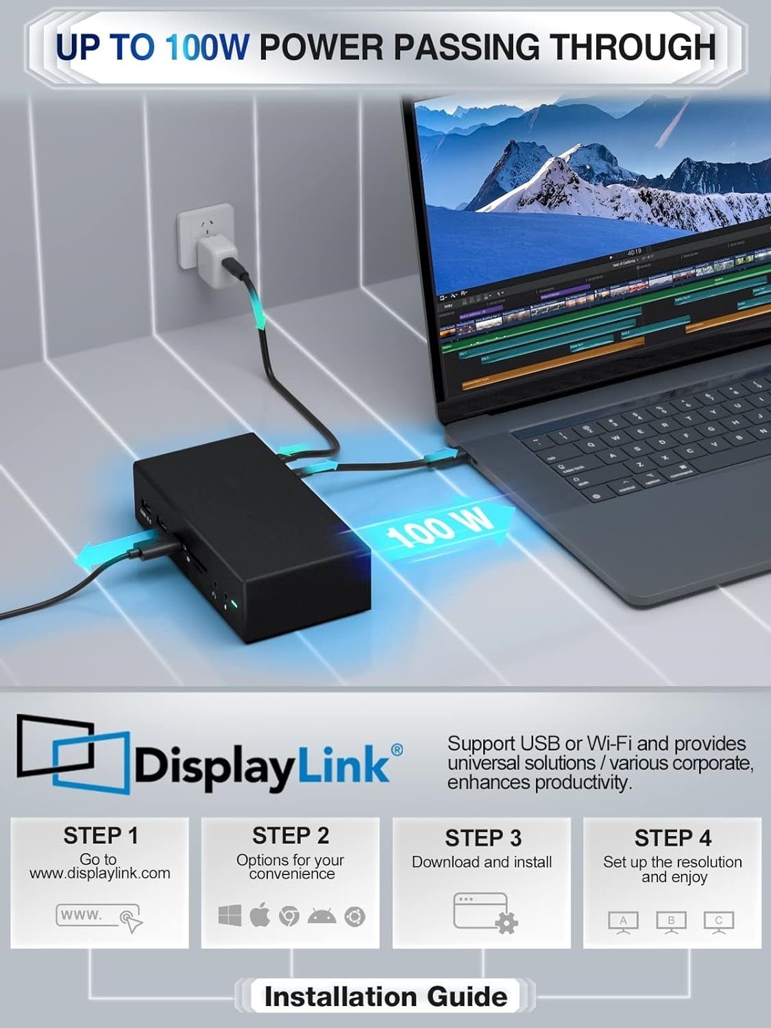 15 in 1 USB C Thunderbolt 3 Universal Laptop Docking Station PD100W,HDMI 2K@60Hz DisplayLink - QGeeM