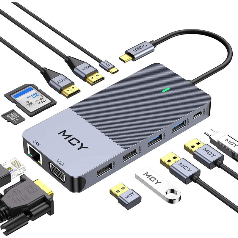 Docking Station, MCY 12 in 1 Triple Display Laptop USB C Docking Station Dual Monitor USB Type C Hub with Dual HDMI VGA Adapter,Compatible for MacBook and Windows - QGeeM