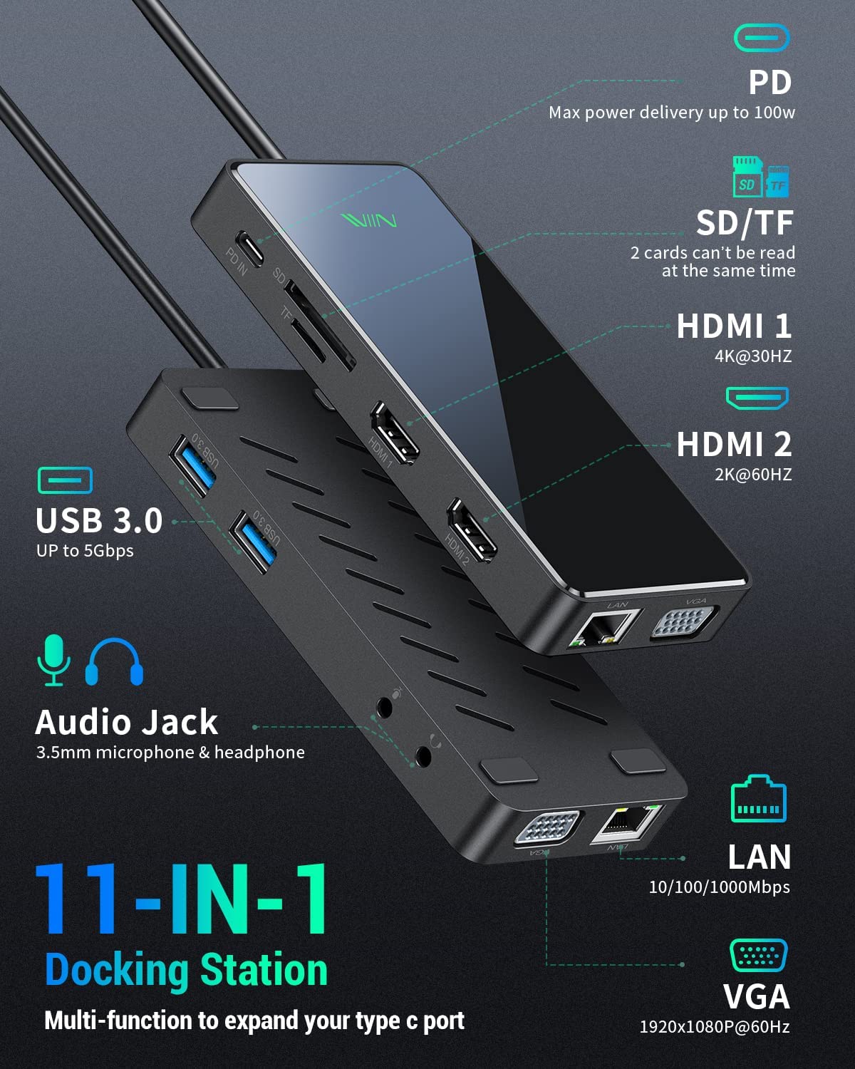 IVIIN 11-in-1 USB-C Quadruple Docking Station - QGeeM