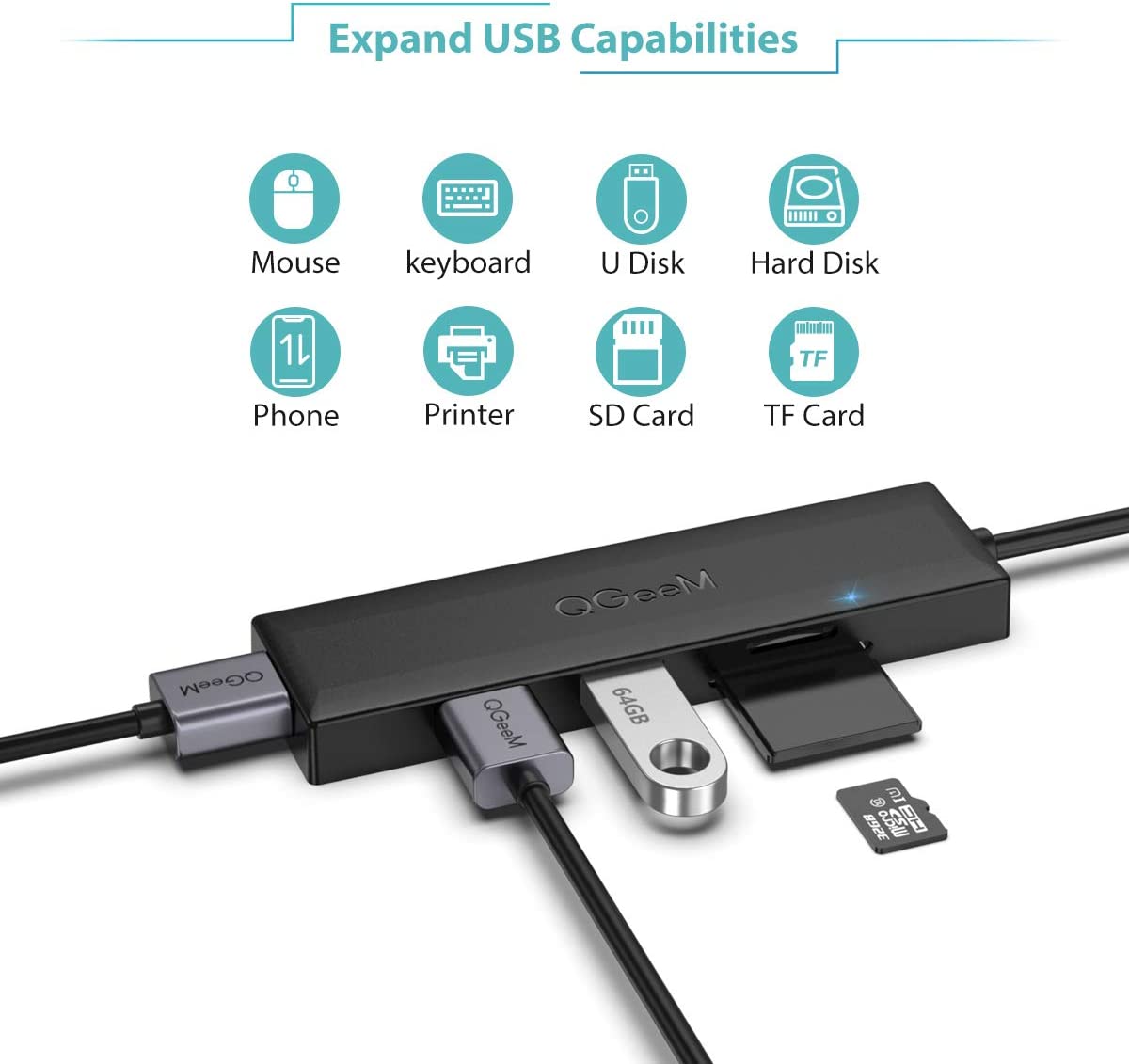 QGeeM 5-in-1 USB 3.0 Hub 0.5ft - QGeeM