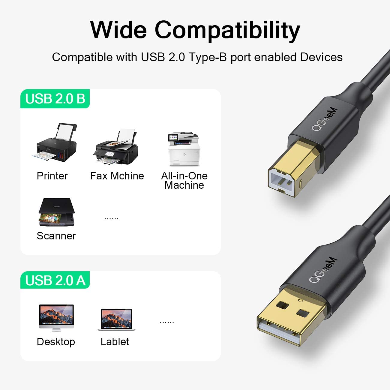 QGeeM USB 2.0 A Male to B Male Printer Scanner Cable - QGeeM