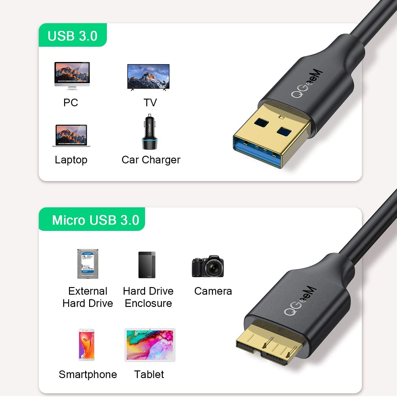 QGeeM USB 3.0 A to Micro B Cable - QGeeM