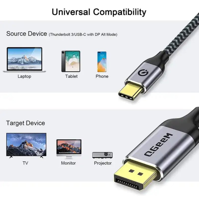 QGeeM USB C to DisplayPort 1.4 Cable 8K@60Hz/4K@240Hz Unidirectional Thunderbolt 4/3 to DisplayPort Cord USB C to DP 32.4Gbps Compatible iPhone 16, MacBook Pro/Air, iPad, Mac Mini, Galaxy, XPS - QGeeM