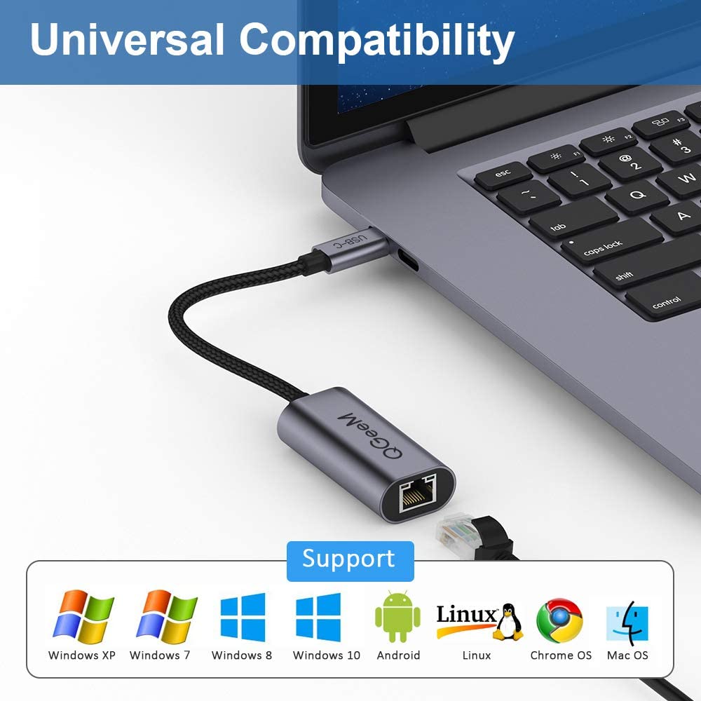 QGeeM USB C to Ethernet Gigabit Adapter, Thunderbolt 3 - QGeeM