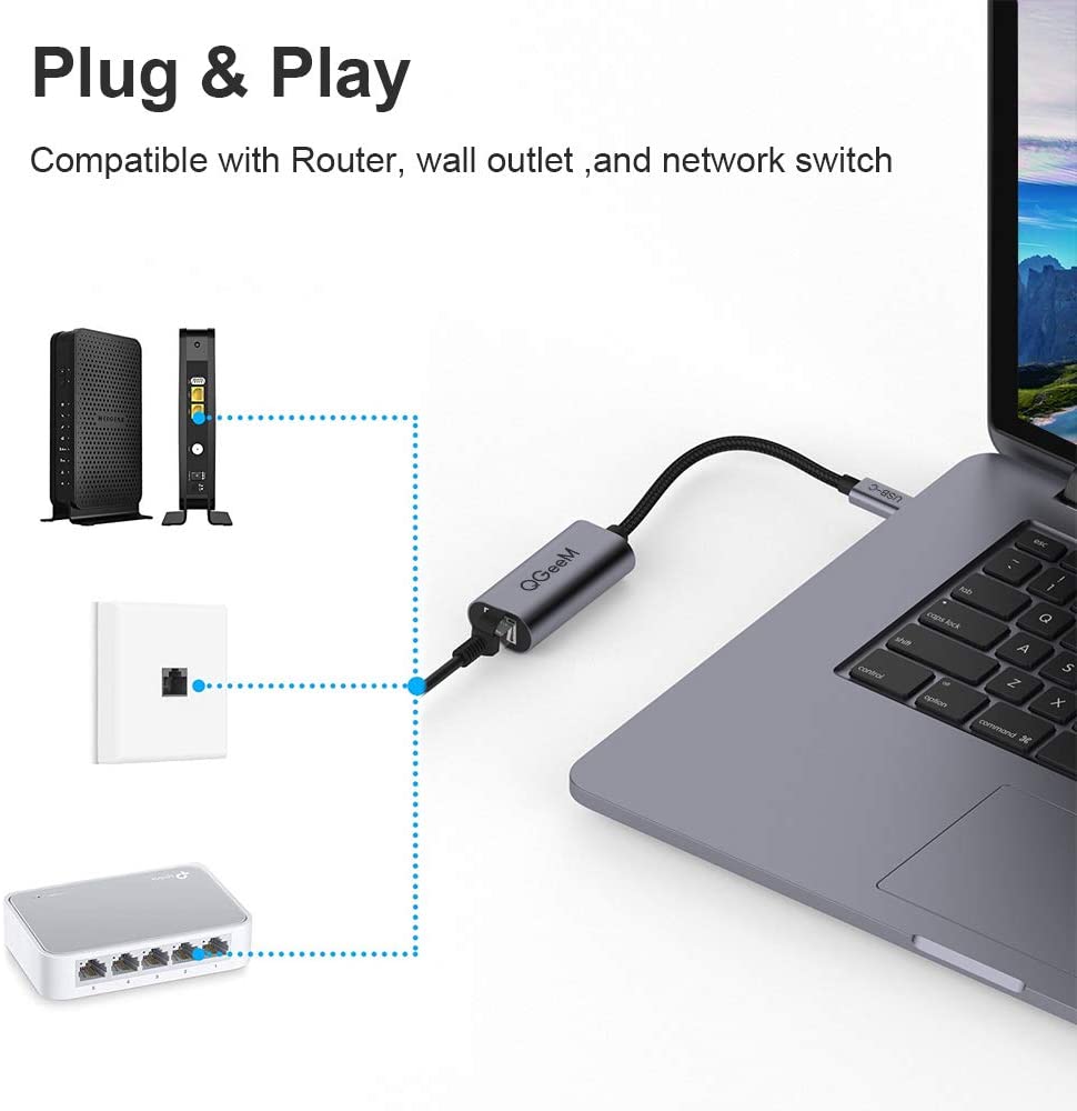 QGeeM USB C to Ethernet Gigabit Adapter, Thunderbolt 3 - QGeeM