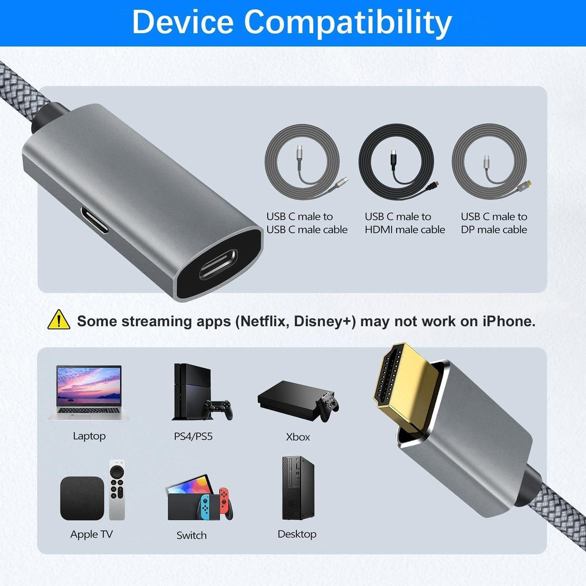 4K@60HZ HDMI Male to USB-C Female Cable Adapter  with USB C Power Cable,Uni-Directional HDMI (source) to Type C 3.1 (display) Converter,4K 60Hz Thunderbolt 3 Adapter for MacBook Pro-UA30-B