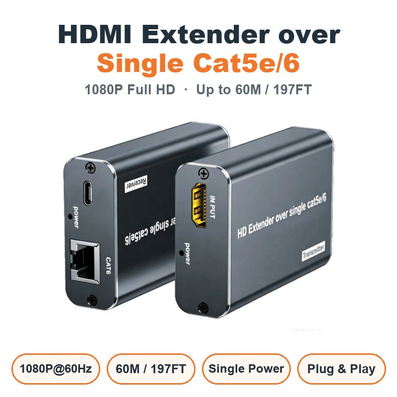 HDMI Extender Over Single Cat5e/6 Ethernet, 1080P@60Hz Full HD up to 60M/197FT,Plug & Play HDMI Transmitter & Receiver Kit with Single-Side 5V Power, with PC, laptop, Mac, PS4/PS5, Xbox, TVs and projectors-XH060IR