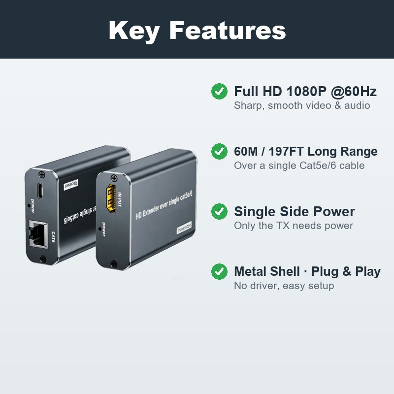 HDMI Extender Over Single Cat5e/6 Ethernet, 1080P@60Hz Full HD up to 60M/197FT,Plug & Play HDMI Transmitter & Receiver Kit with Single-Side 5V Power, with PC, laptop, Mac, PS4/PS5, Xbox, TVs and projectors-XH060IR
