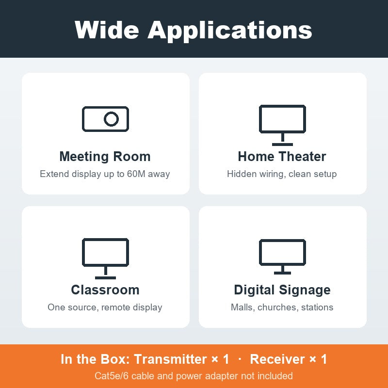 HDMI Extender Over Single Cat5e/6 Ethernet, 1080P@60Hz Full HD up to 60M/197FT,Plug & Play HDMI Transmitter & Receiver Kit with Single-Side 5V Power, with PC, laptop, Mac, PS4/PS5, Xbox, TVs and projectors-XH060IR