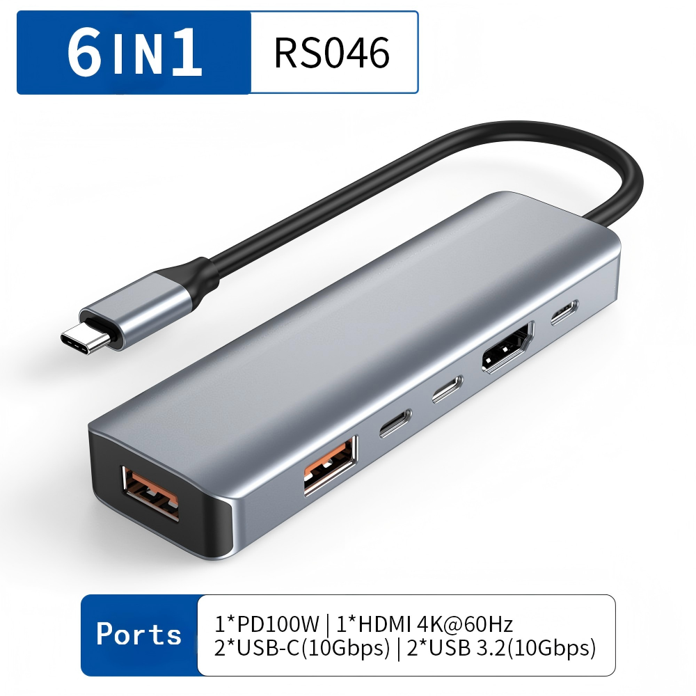 QGeeM 6-IN-1 USB-C Hub HDMI4K60Hz 1000M, USB3.2 10GBps PD100W Fast-Charging Applicable to MacBook iPhone-UH06-23-A