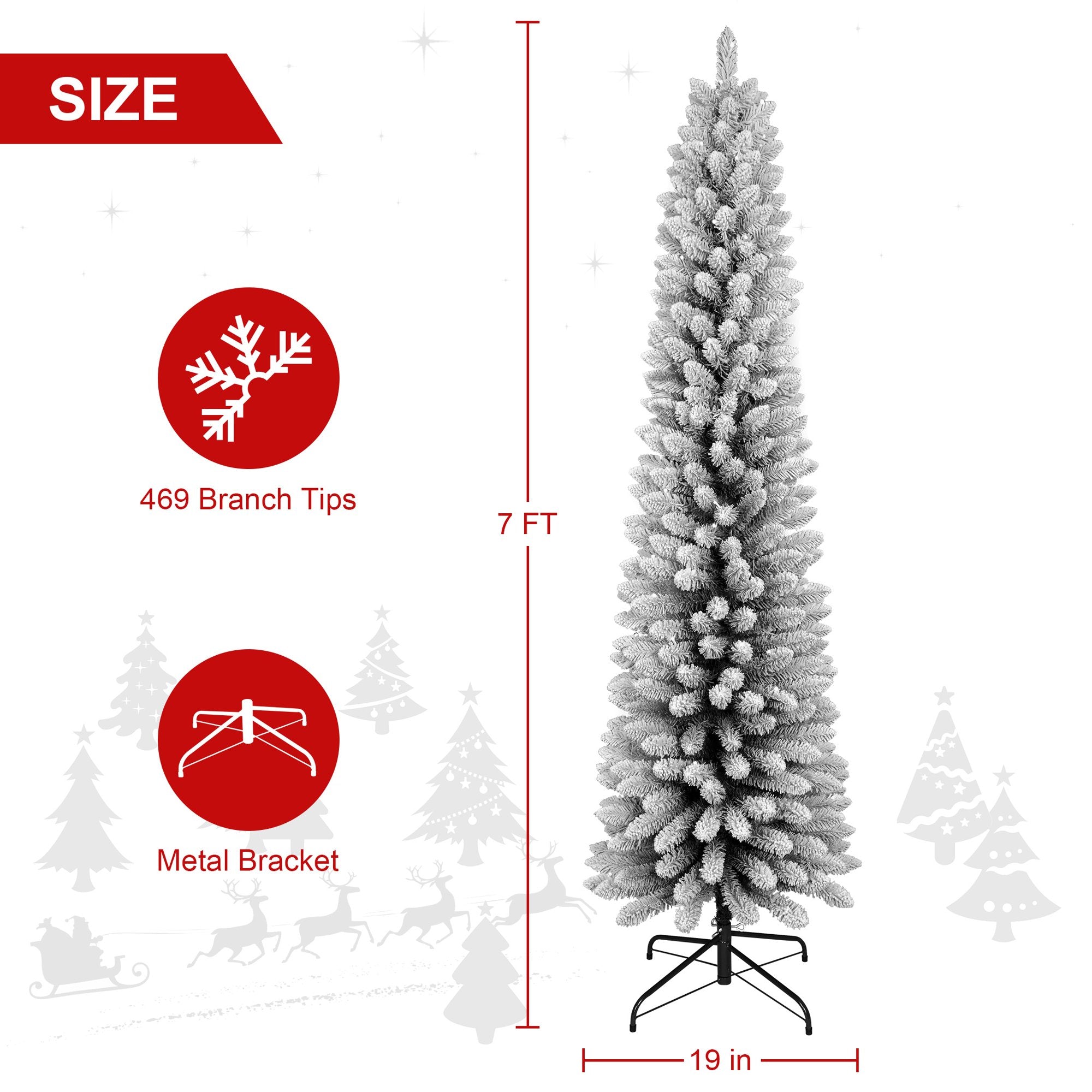 7FT Snow Flocked Pencil Christmas Tree, Unlit Artificial Hinged Xmas Tree with Metal Stand, Slim PVC Tree with 469 Snowy Tips, Artificial Holiday Decoration for Indoor and Outdoor Use, White