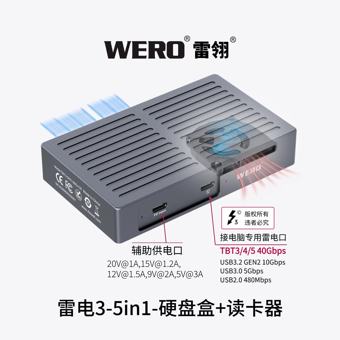 WERO 5-in-1 Thunderbolt 3 SSD Enclosure & Card Reader, 40Gbps M.2 NVMe PCIe M.2 SSD Case with CFexpress Type A / Type B / SD 4.0 / TF 4.0 Slot, Temperature Controlled Cooling Fan, Compatible with Thunderbolt 4/5 USB-C(TBT3-9in1-SSD-CR)