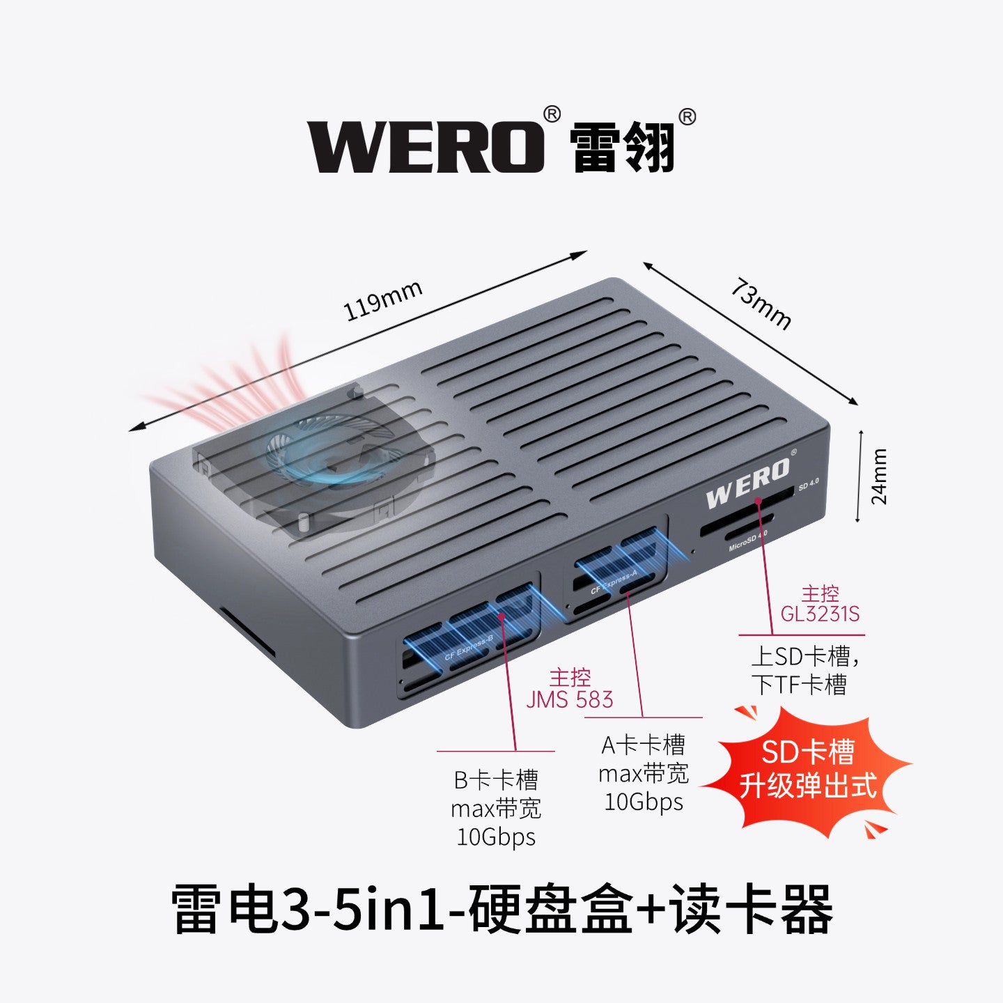 WERO 5-in-1 Thunderbolt 3 SSD Enclosure & Card Reader, 40Gbps M.2 NVMe PCIe M.2 SSD Case with CFexpress Type A / Type B / SD 4.0 / TF 4.0 Slot, Temperature Controlled Cooling Fan, Compatible with Thunderbolt 4/5 USB-C(TBT3-9in1-SSD-CR)