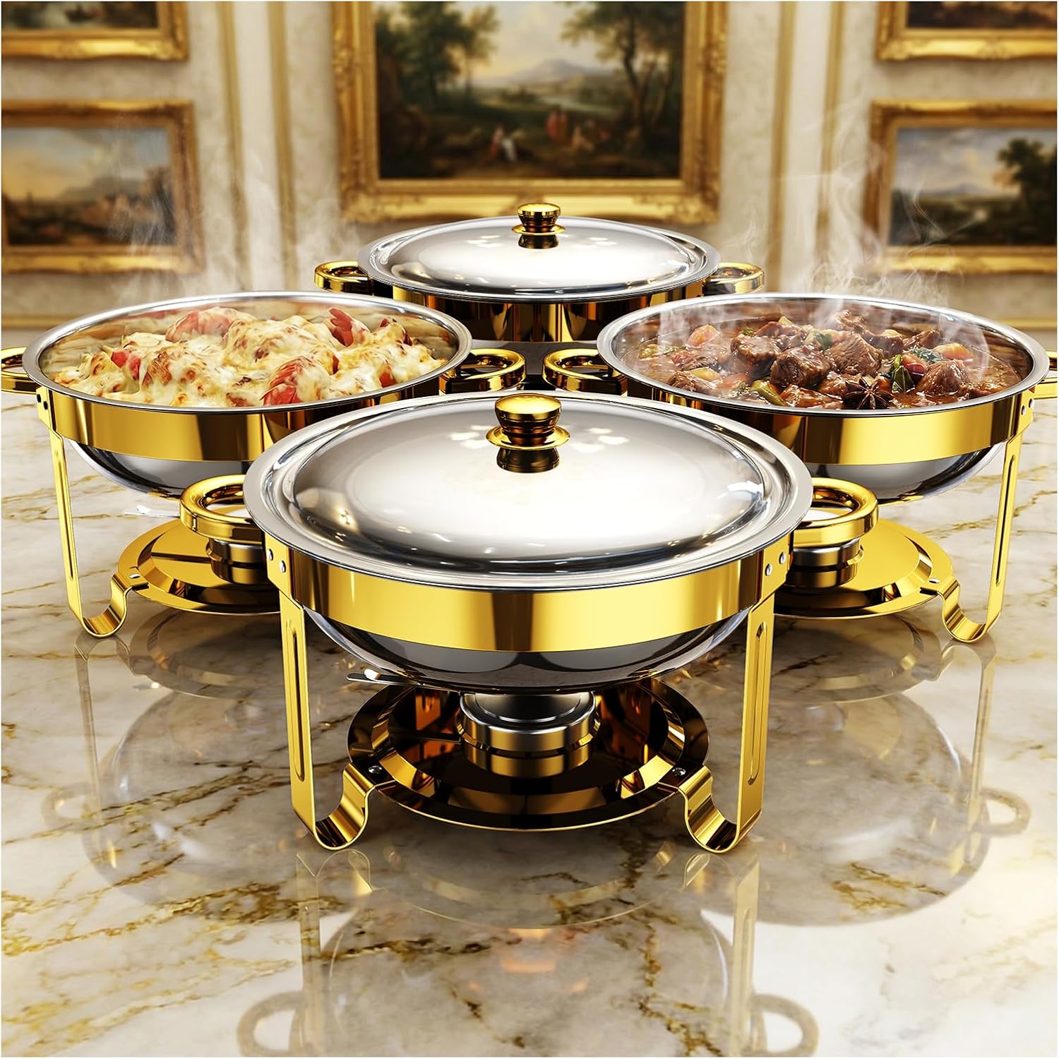 Chafing Dishes for Buffet 4 Pack, 5QT Round Stainless Steel Chafing Dish Set Food Pan with Lid, Buffet Warmers Sets for Home, Gatherings, Birthday, Parties, Church Events,Catering Events