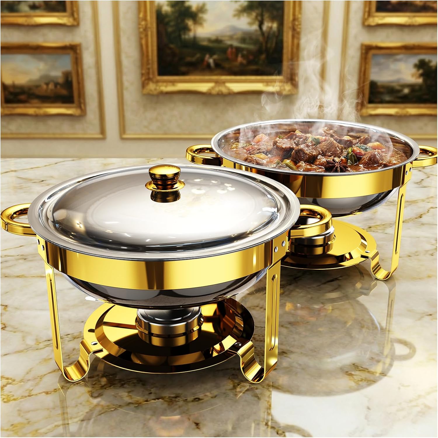 Chafing Dishes for Buffet 4 Pack,5QT Food Warmers for Parties Buffet,Stainless Steel Round Chafers and Buffet Warmers Sets for Home,Gatherings,Birthday,Parties,Church Events,Catering Events