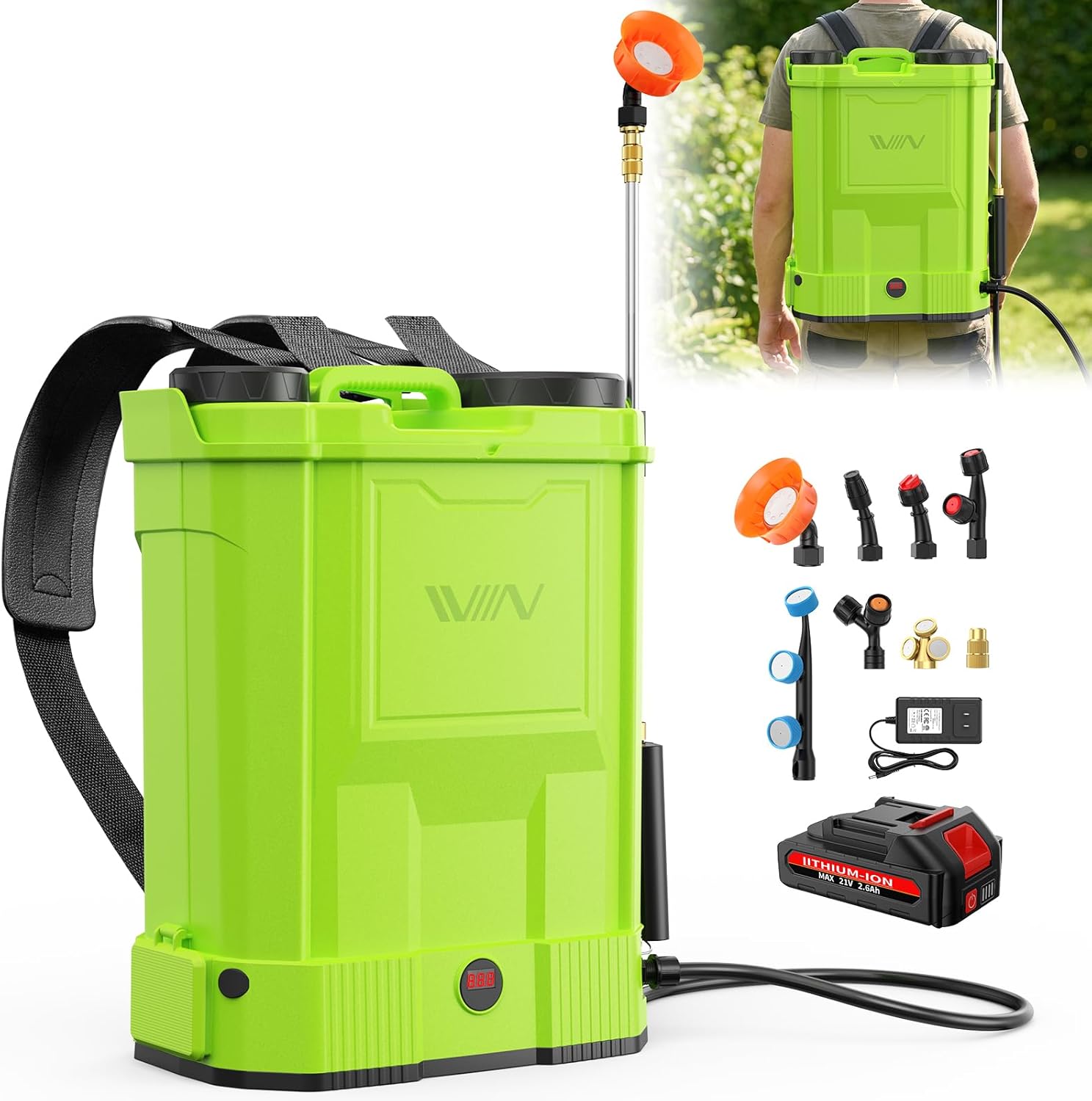 Battery Powered Backpack Sprayer,5.3 Gallon Large Capacity Electric Graden Sprayer,100 PSI Adjustable Pressure Sprayer Compatible with 21V 2.6Ah Battery,Electric Sprayer with Telescopic Wand,8 Nozzles