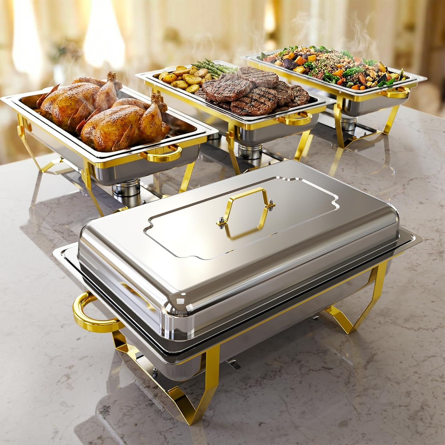 Chafing Dishes for Buffet 4 Pack, High Grade Chafing Dish Buffet Set, Stainless Steel Food Warmers with Stackable Design for Parties, Catering Supplies, Banquets, and Weddings, 4 Full Size Pans