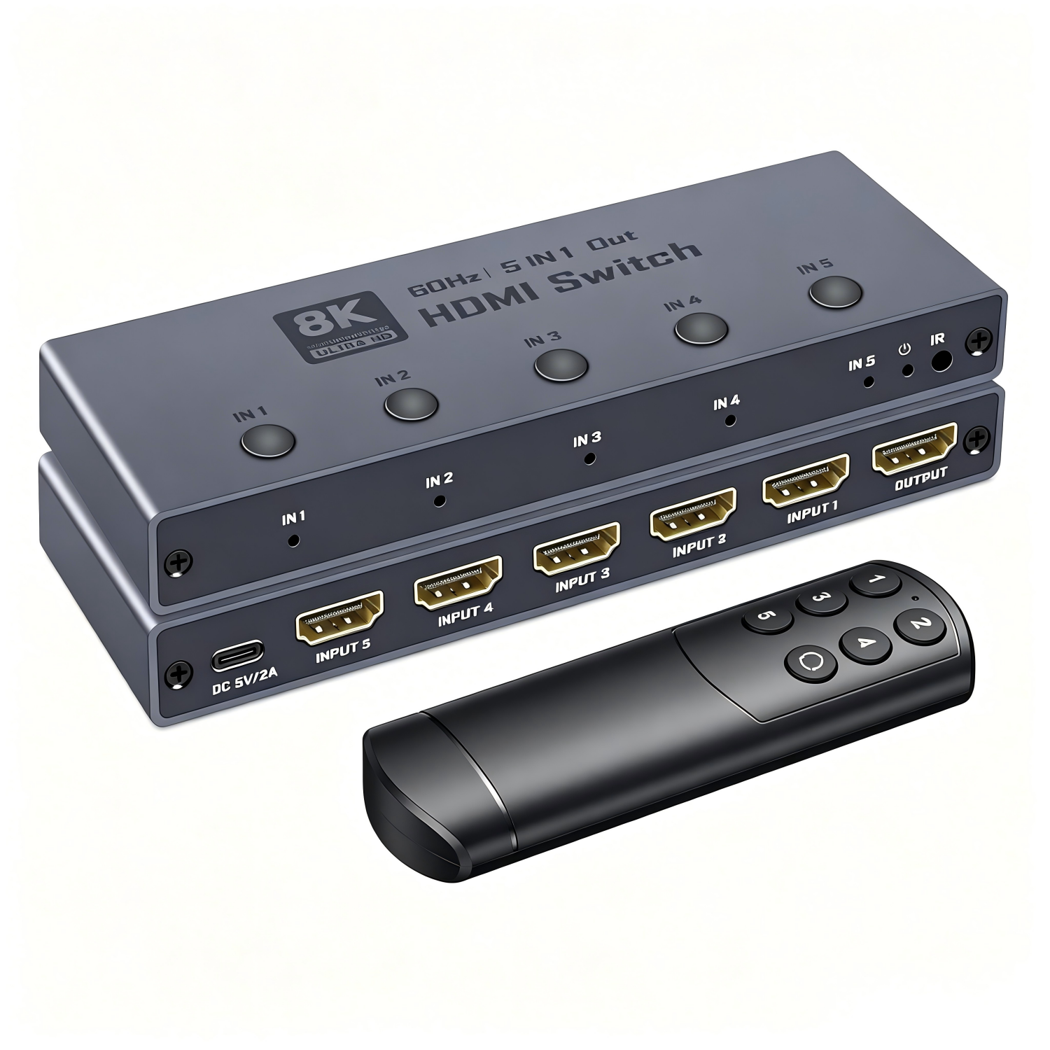 8K60Hz HDMI Switch 5 in 1 Out, Support 8K@60Hz 4K@120Hz 1080P @240Hz, HDR10, VRR, HDCP 2.3, Dolby Atmos, DTS X, CEC, Compatible with PS5/4, Xbox, Nintendo Switch, Roku, Apple TV