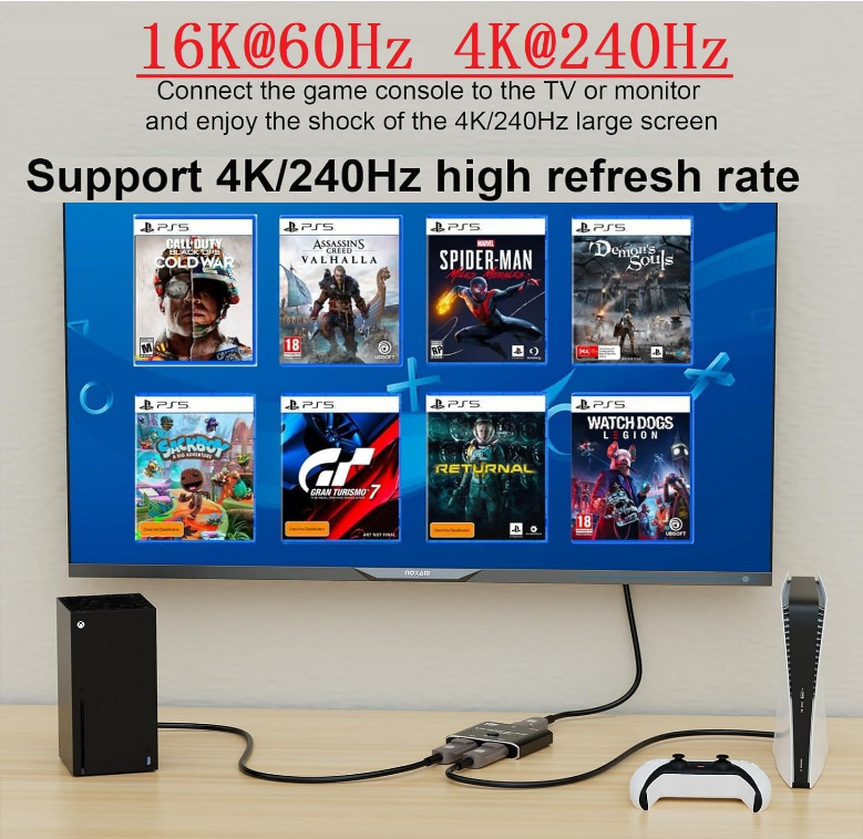 HDMI Switch, 16K HDMI Splitter 2 in 1 Out HDMI 2.1 Splitter Bi-Directional 8K@120Hz 4K@240Hz, HDMI Switcher 1 in 2 Out 16K HDMI Video Converter