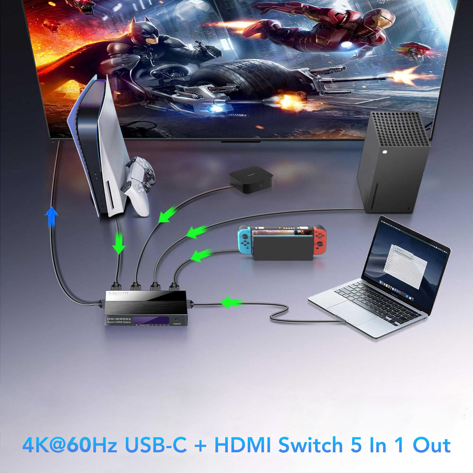 HDMI Switch 5 in 1 Out, 5 Way HDMI Switcher Selector Box with IR Remote (4K@60Hz 5x1 HDMI Switch)-EX45-A-0-BK
