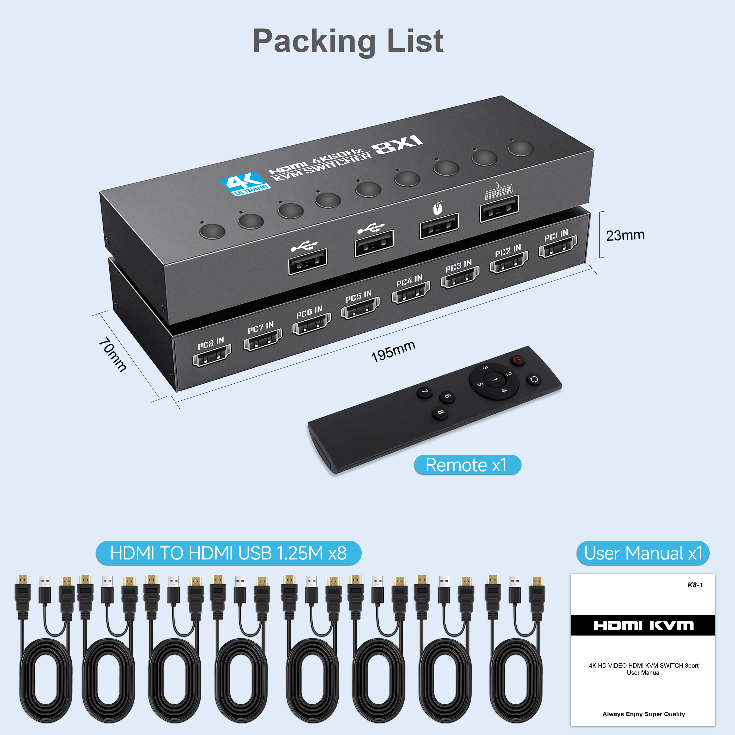 4K HDMI Switch 8 in 1 Out, 8 Port HDMI Switch with IR Remote Control, Support 4K@60Hz, 3D, 1080P, HDMI 1.4, HDCP 2.2, Ultra HD for HDTV, PS3/4/5-EX34-A-0-BK