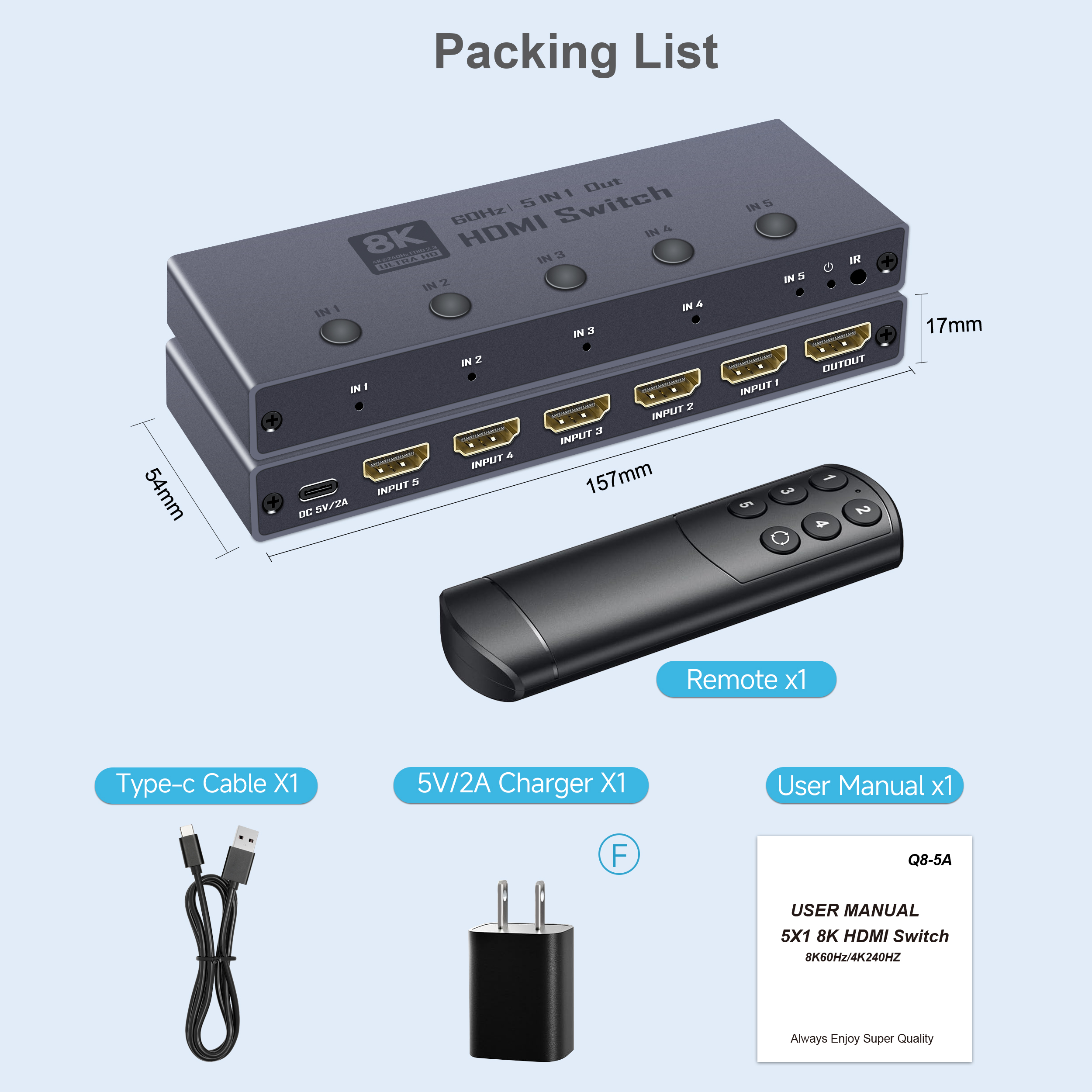 8K60Hz HDMI Switch 5 in 1 Out, Support 8K@60Hz 4K@120Hz 1080P @240Hz, HDR10, VRR, HDCP 2.3, Dolby Atmos, DTS X, CEC, Compatible with PS5/4, Xbox, Nintendo Switch, Roku, Apple TV-EX42-A-0-BK