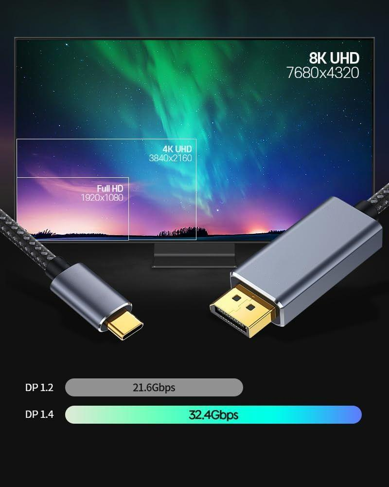 QGeeM USB C to DisplayPort 1.4 Cable 8K@60Hz 4K@240Hz Unidirectional Thunderbolt 4/3 to DisplayPort Cord USB C to DP 32.4Gbps Compatible iPhone 17, MacBook Pro/Air, iPad, Mac Mini, Galaxy, XPS-UA15-J