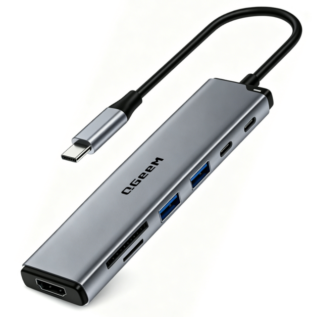 QGeeM 7-in-1 USB C Hub With LED, USB Type-C Adapter with 4K@60Hz HDMI, 2 USB 3.0 Ports, USB-C 3.0 100W PD, SD/TF 3.0 Card Reader, Compatible for Mac, Dell, HP Laptops, More Type-C Devices-UH07-18-A