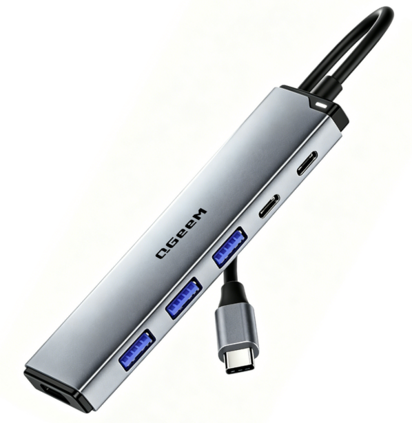QGeeM 6-in-1 USB C Hub With LED, USB Type-C Adapter with 4K@60Hz HDMI, 3 USB 3.0 Ports, USB-C 3.0 100W PD,  Compatible for Mac, Dell, HP Laptops, More Type-C Device-UH06-16-B-0.12-SYs