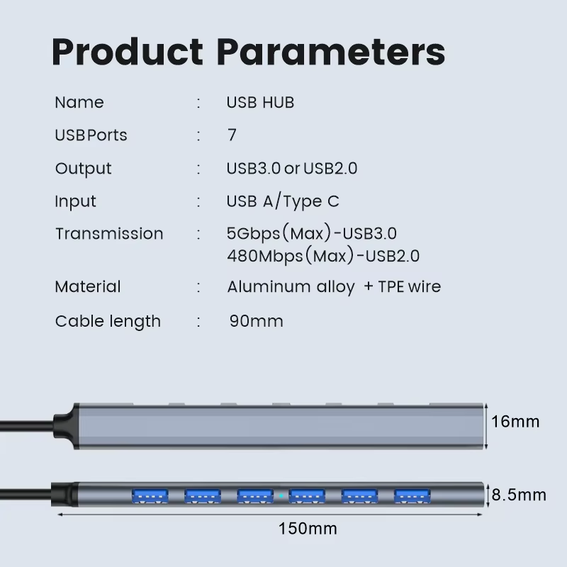 7 IN 1 USB-A Hub , Aluminium USB 3.0 Hub USB Splitter Extender for for Laptop, PC, MacBook, Mac Pro, Mac mini, iMac, Surface Pro and More-UH07-101