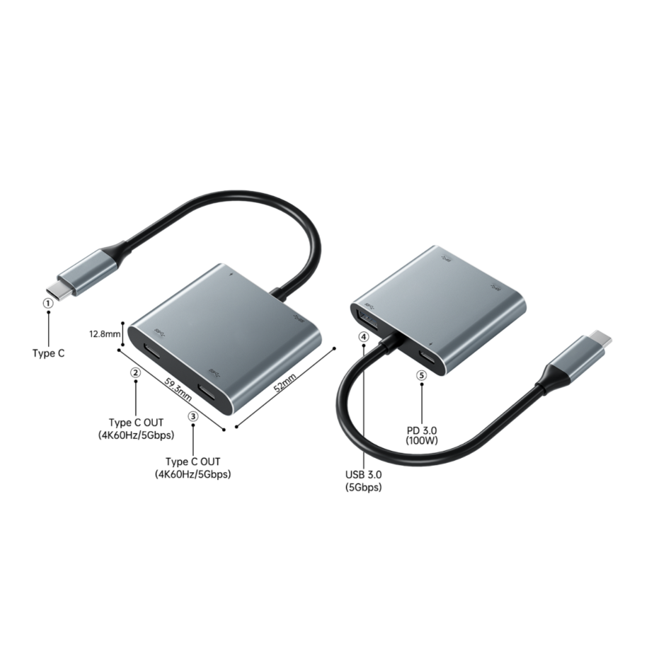 4-in-1 Dual USB-C Display Hub, 4K@60Hz Video, PD 100W Fast Charging & USB 3.0 5Gbps, Compatible with AR Glasses, Switch 2, Laptops, Portable Monitors & Type-C Displays-XH8T2