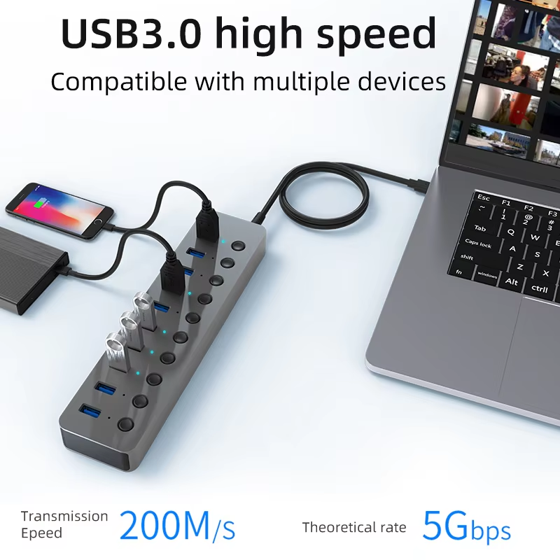 10 Port USB 3.0 Hub, 36W(12V 3A) Aluminum Alloy Multi Port Adapter with Individual Switches and LED Indicators, for Computers Laptops Keyboards Hard Drives-HU101/HU701