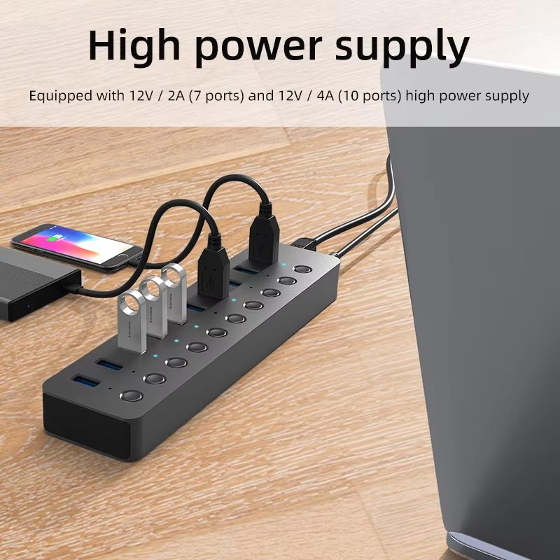 10 Port USB 3.0 Hub, 36W(12V 3A) Aluminum Alloy Multi Port Adapter with Individual Switches and LED Indicators, for Computers Laptops Keyboards Hard Drives-HU101/HU701