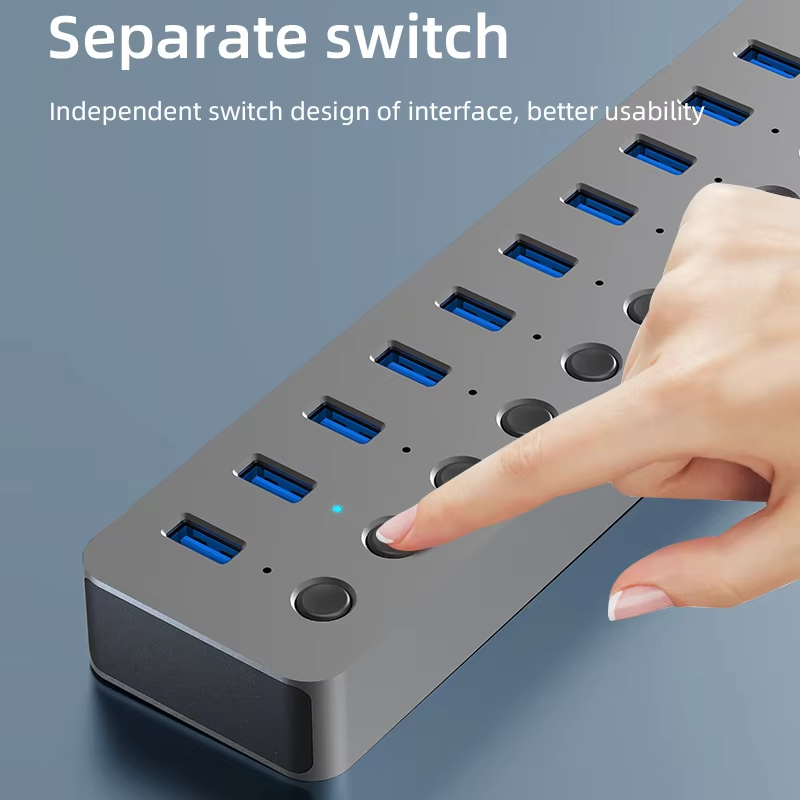 10 Port USB 3.0 Hub, 36W(12V 3A) Aluminum Alloy Multi Port Adapter with Individual Switches and LED Indicators, for Computers Laptops Keyboards Hard Drives-HU101/HU701