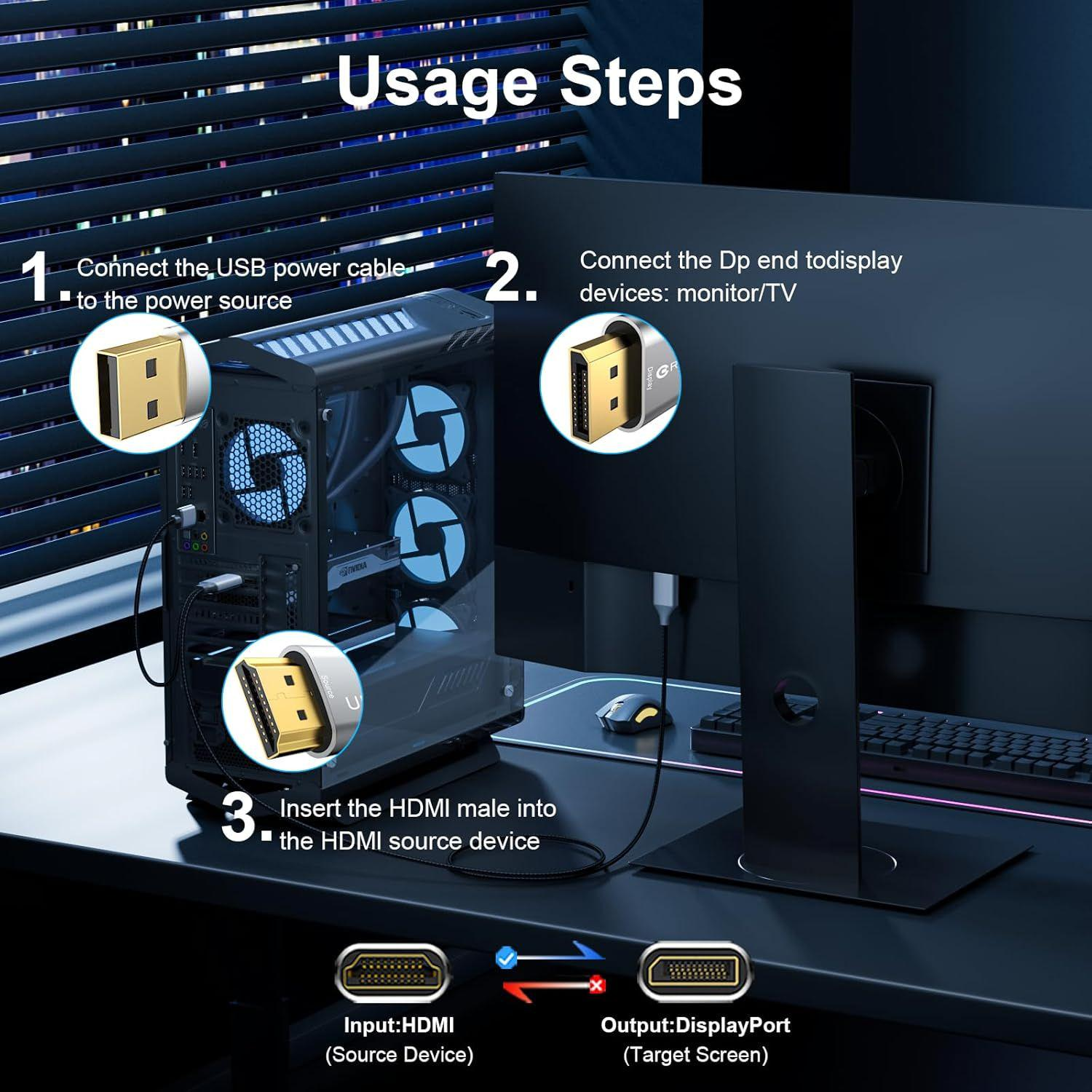 4K@60Hz Bidirectional HDMI to Displayport Cable Male to Male Adapter DP 1.2, HDCP 2.2, HDMI 1.4 4K@30Hz with USB Powered Compatible with Laptops, PC, Switch 2/PS5/Xbox/AMD/NVIDIA/Monitor--AV56-B