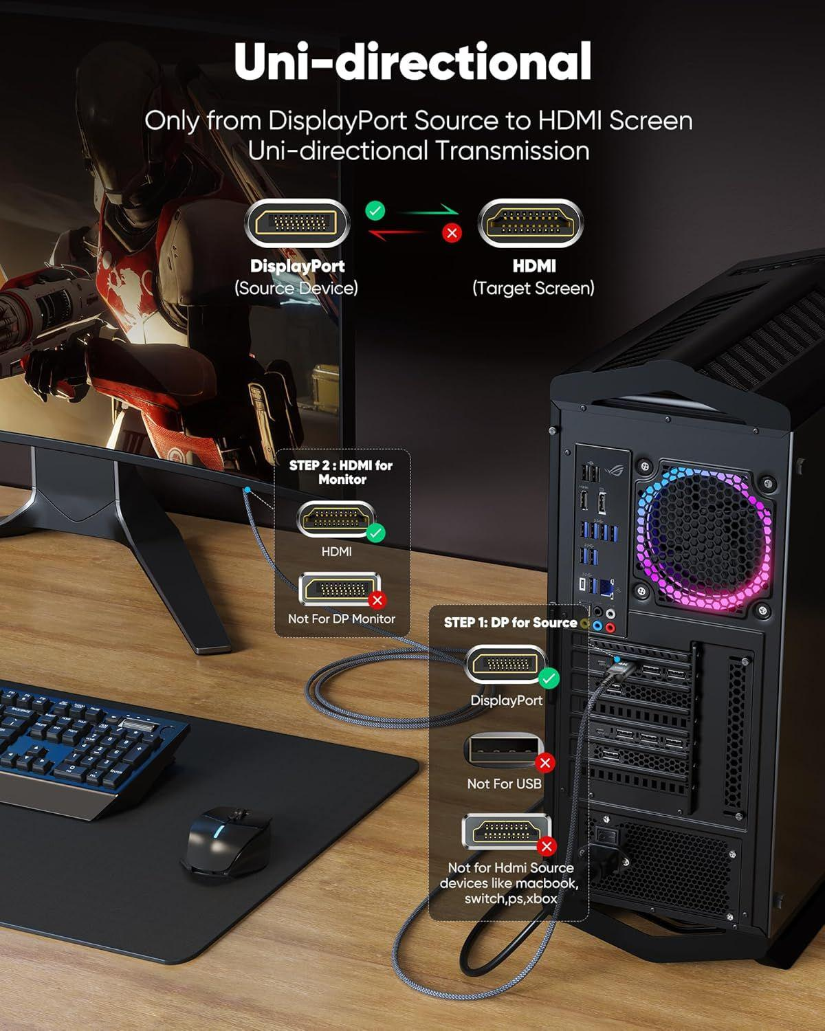 4K@60Hz DisplayPort to HDMI Cable 1080P@120Hz, DP 1.2 to HDMI 1.4 Cord Alu Braided, Unidirectional Cable 6.6FT Compatible with Monitor, Desktop, HDTV, Laptop, AMD--AV61-D