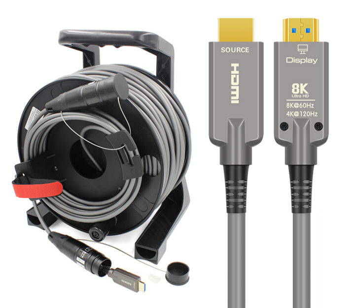 Armored 8K Fiber Optic HDMI 2.1 Active Optical Cable on PCD235 Drum,10 Gigabits, 48Gbps, 8K@60Hz, 4K@120Hz, eARC, HDR, Dolby, HDCP 2.3 for Rental Event, Stage, Outdoor Use