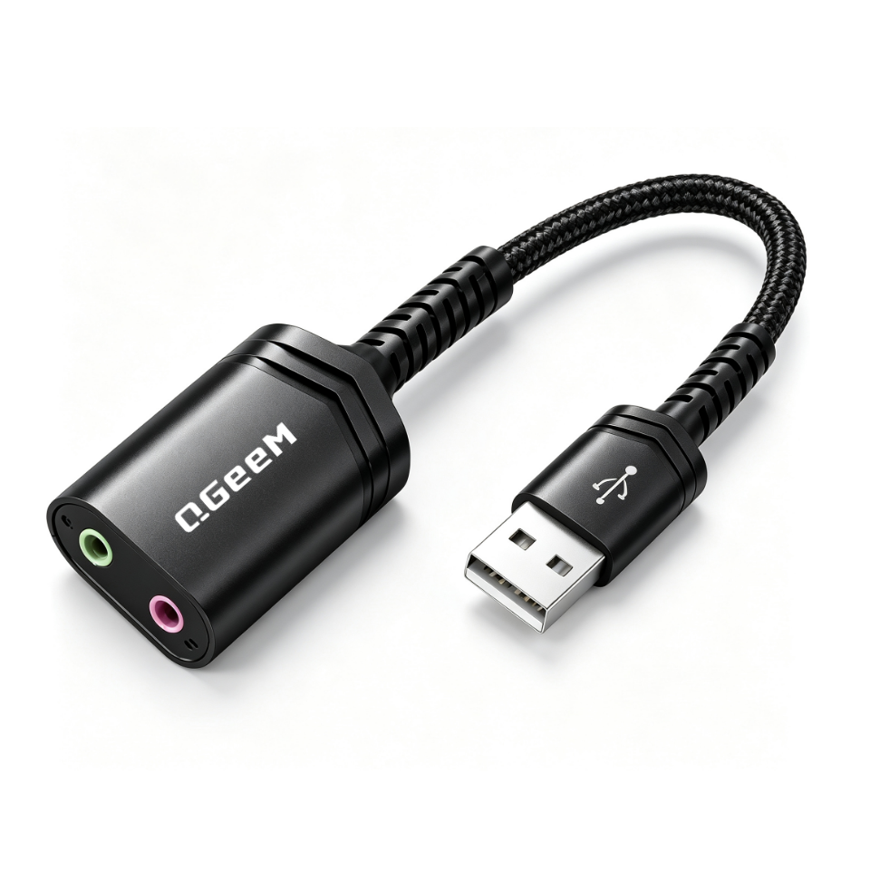 QGeeM USB to Audio Jack Sound Card Adapter with TRS 3.5mm Headphone & Mics | USB Sound Card Jack Adapter Compatible with Computer, PS5, PS4, USB Audio Stereo Adapter External Sound Card for Windows & Mac-AU15-B