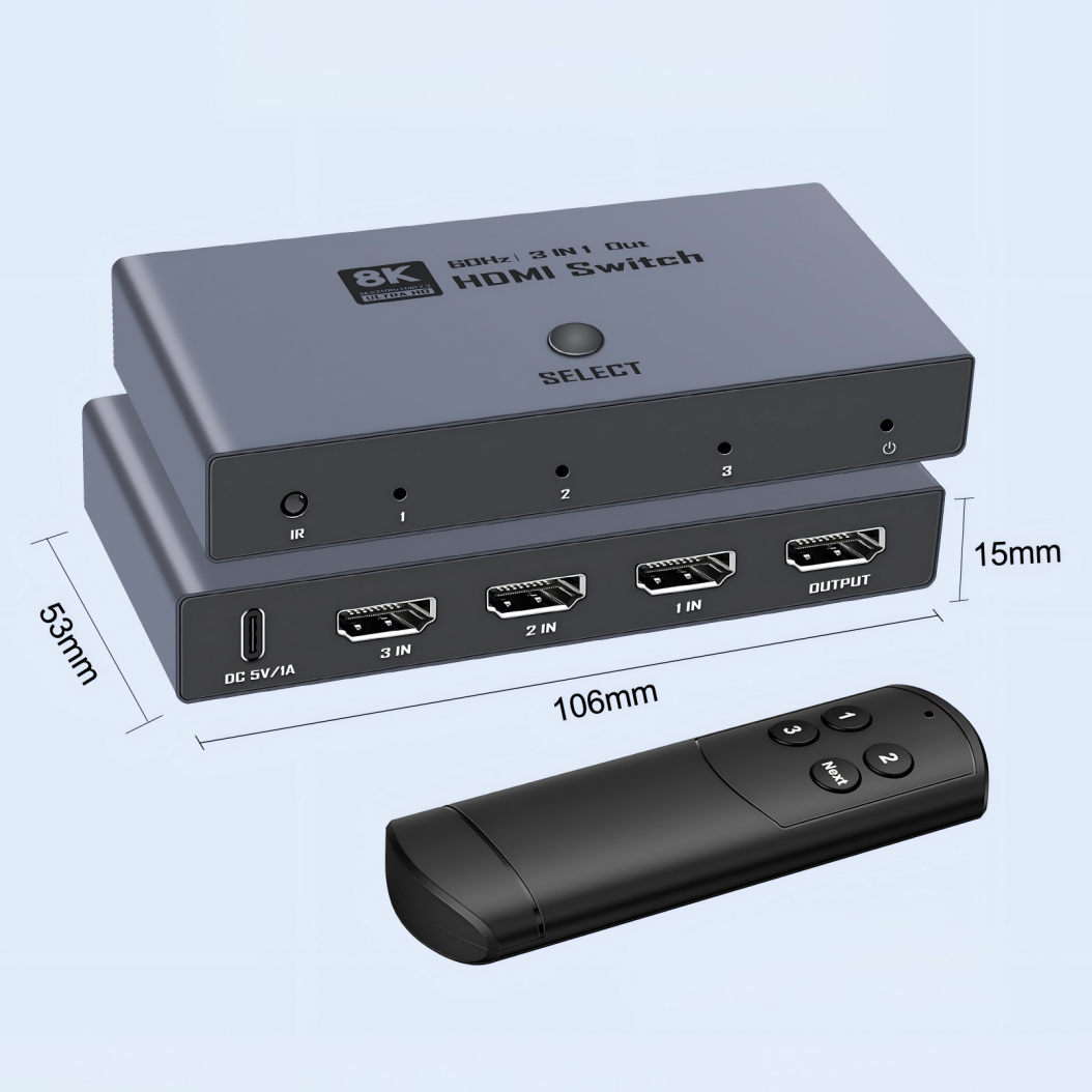 8K HDMI 2.1 Switch, HDMI 2.1 Switcher 3 In 1 Out Supports CEC 8K@60Hz, 4K@240Hz, 1080P@480Hz HDCP 2.3 HDR Dolby Atmos VRR Compatible with PS5 Xbox Blu-Ray Player with IR remote controller-EX43-A-0-BK