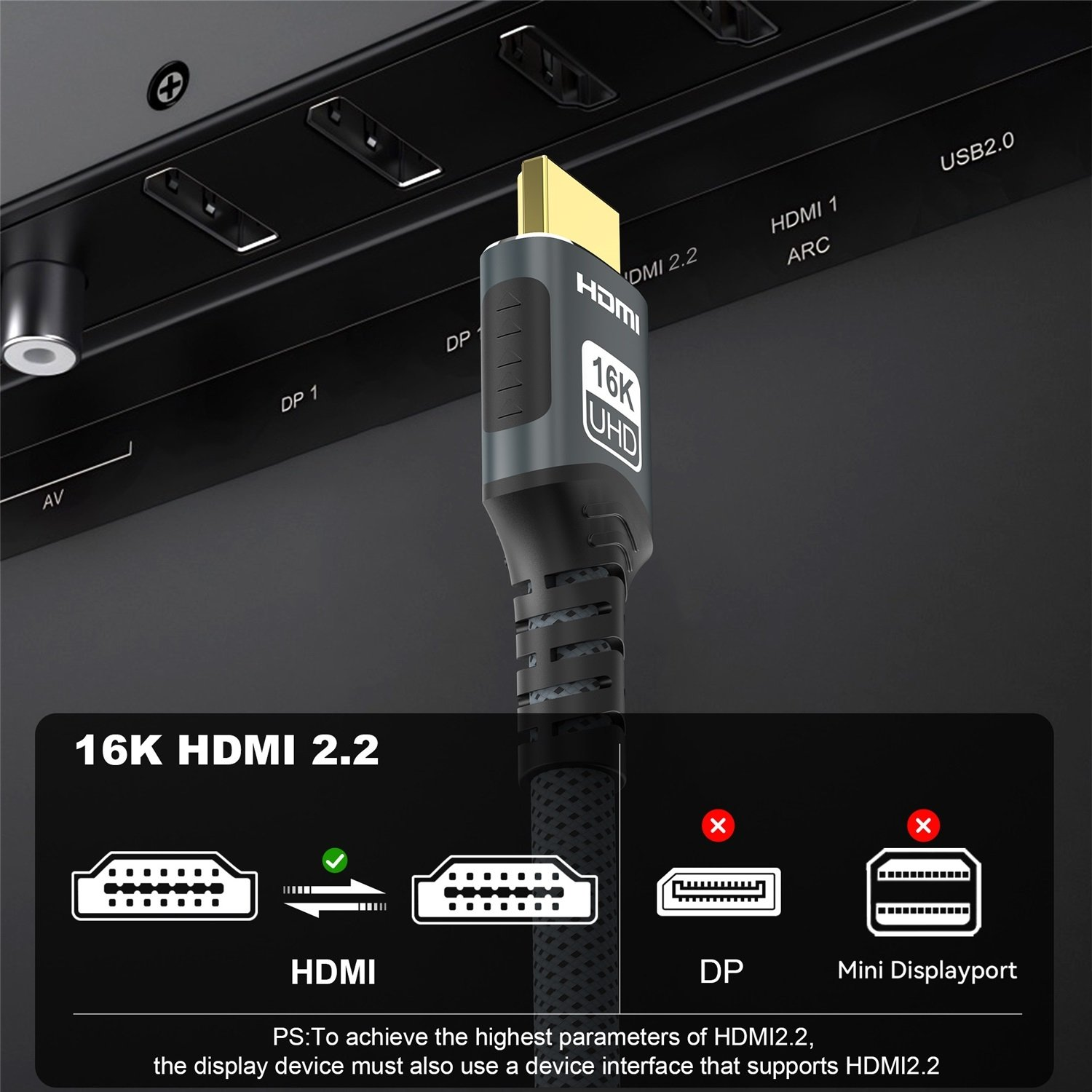 16K@60Hz HDMI 2.2 Cable, 96Gbps Ultra High Speed Braided HDMI Cord, 8K@60Hz, 8K@120Hz, 8K@240Hz, eARC, HDCP 2.2, HDR10+ Dolby Atmos for TV, Monitor, Projector, PS5, Xbox --AV97-A