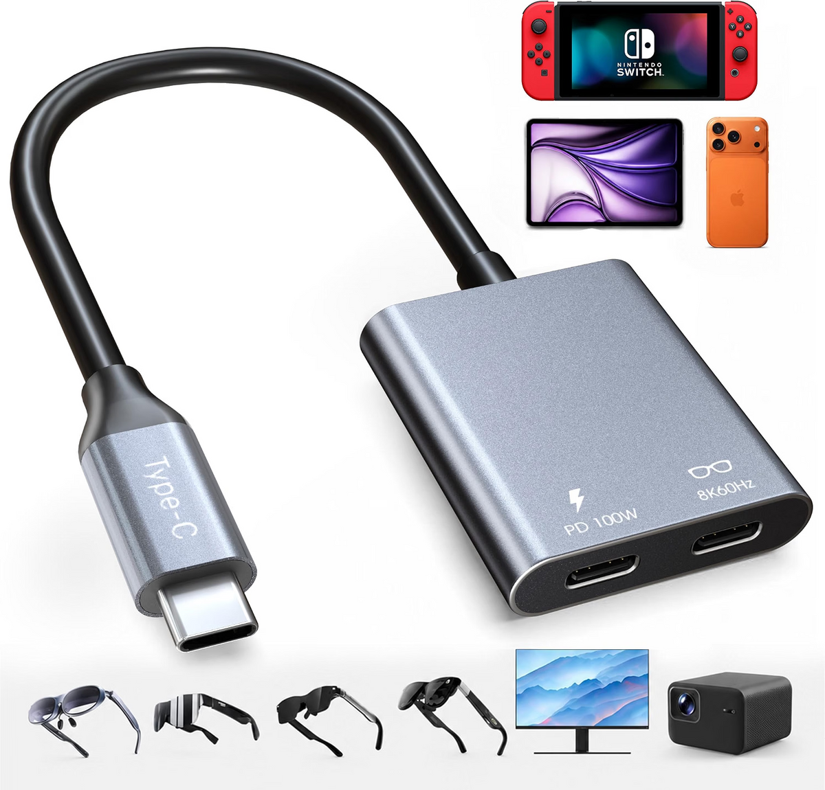 Type-C to AR Glasses and Charging Adapter, Charge and Play, 8K@60Hz 100W PD Fast Charging Compatible with Steam Deck/Switch/ROG Ally/iPhone 17/16/15/Viture/Rokid/Xreal AR Glasses-UH02-27-A