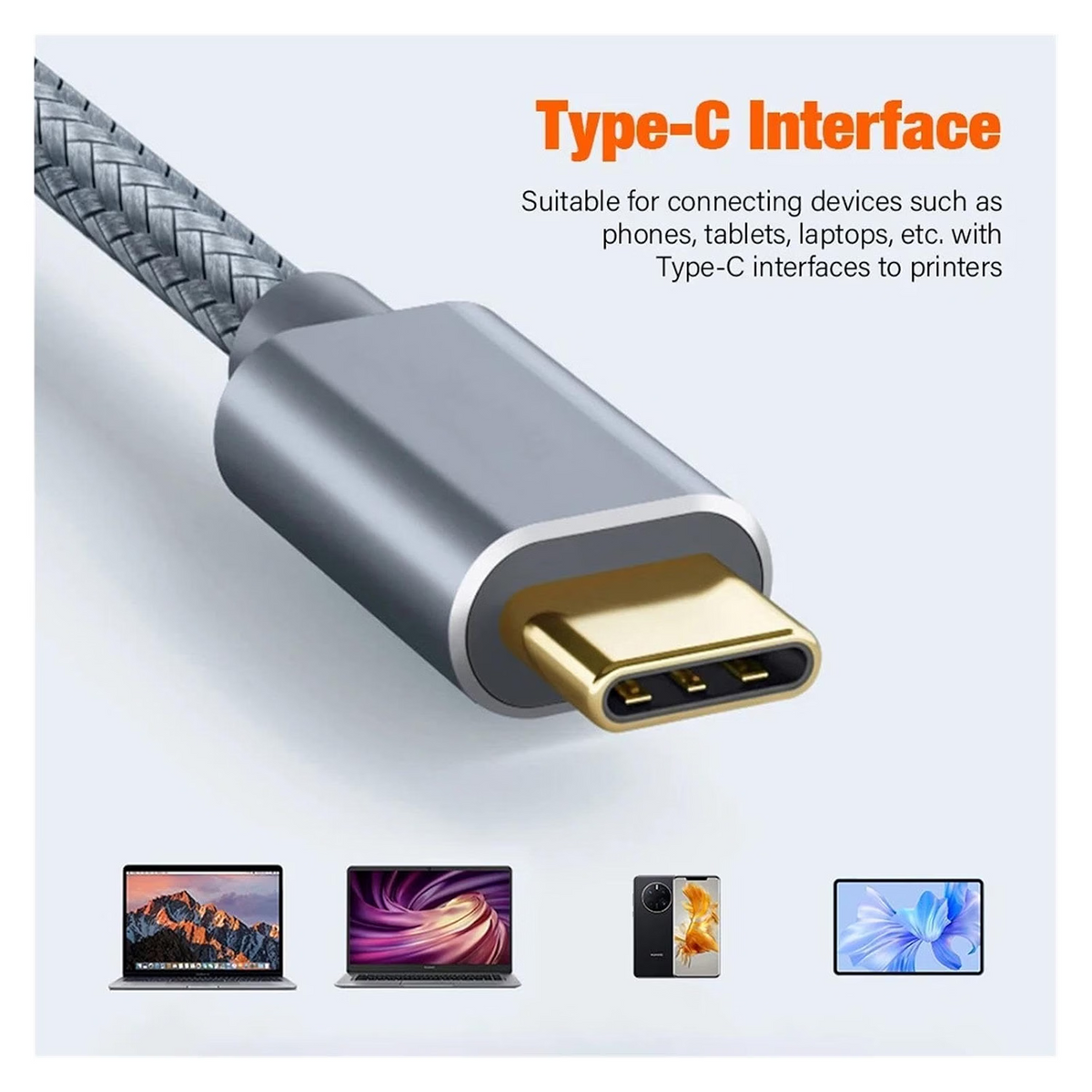 USB C to USB B Printer Cable, Nylon Braided Type C to MIDI Cable for MacBook Pro/Air, iPad Pro, Extra Reach for Yamaha Digital Piano, DJ Controller, HP/Epson Printer (Grey)-CC0035-A