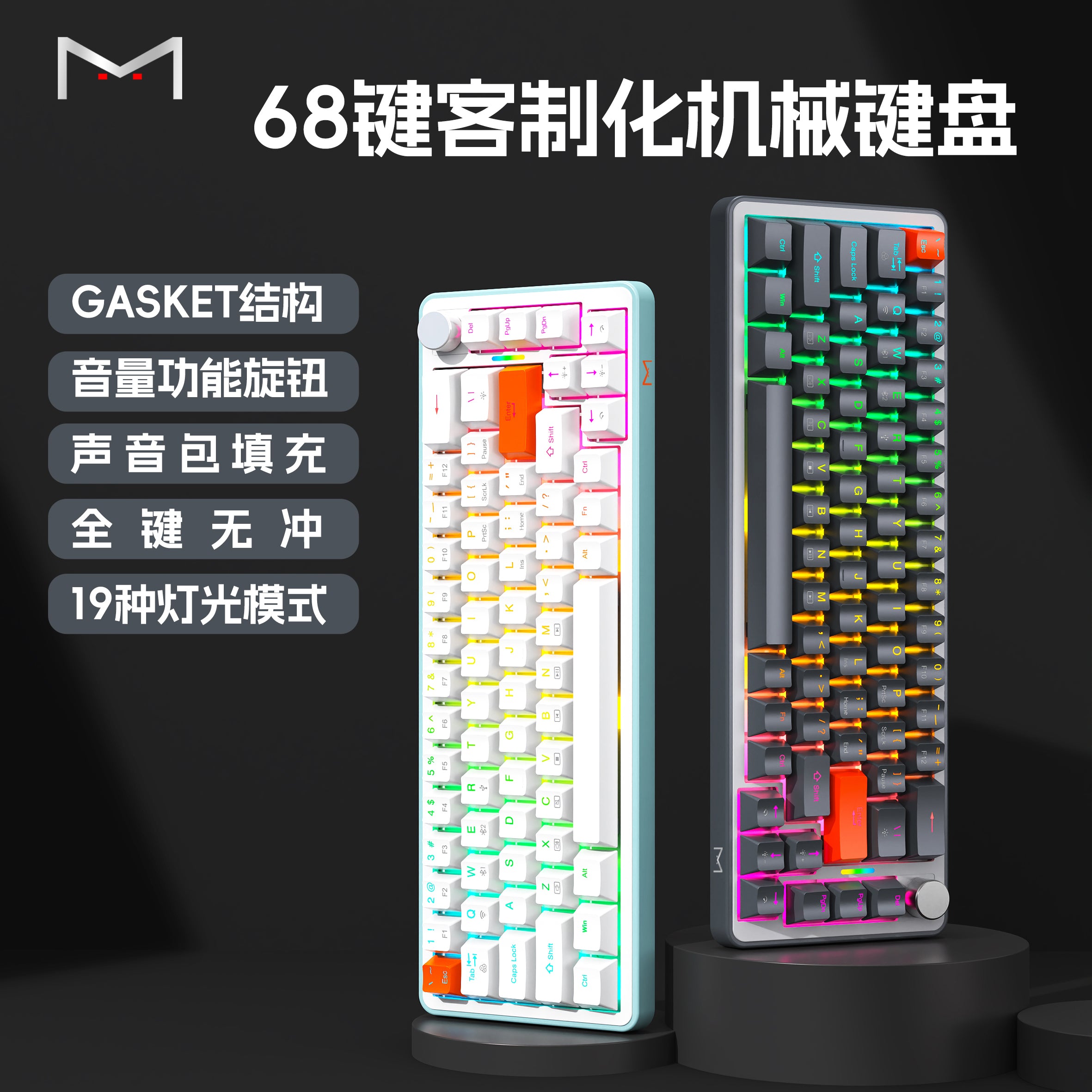Graphite Gray 68-Key Tri-Mode Mechanical Keyboard - Gasket Mount with CNC Volume Knob, Hot-Swappable M Switches &amp; 4000mAh Battery (Bluetooth 5.0/2.4G/Wired,Compatible with Windows, Android, Mac/iOS)