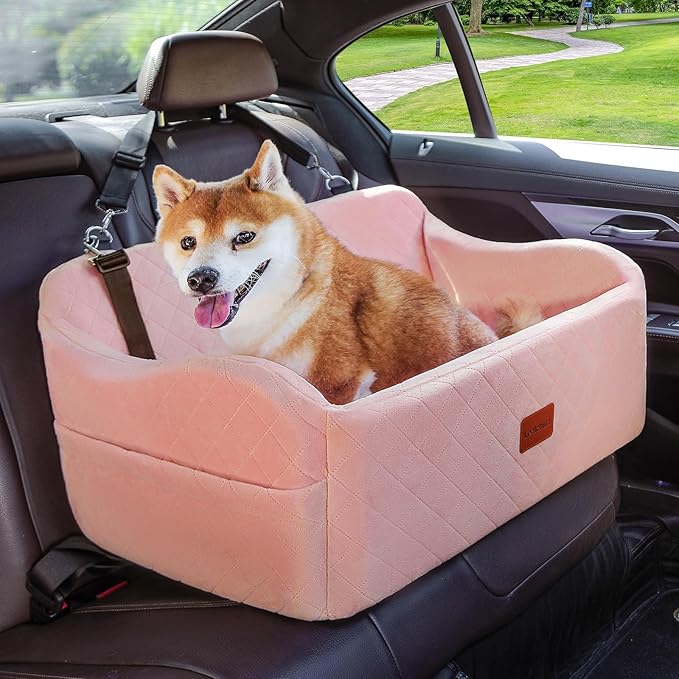 Dog Car Seat for Medium/Large Dogs,2 Clip-On Safety Leashs for 2 Small Dogs,Removable and Washable Comfy Pet Car Seat,Easy to Install and Clean (Pink, Large)