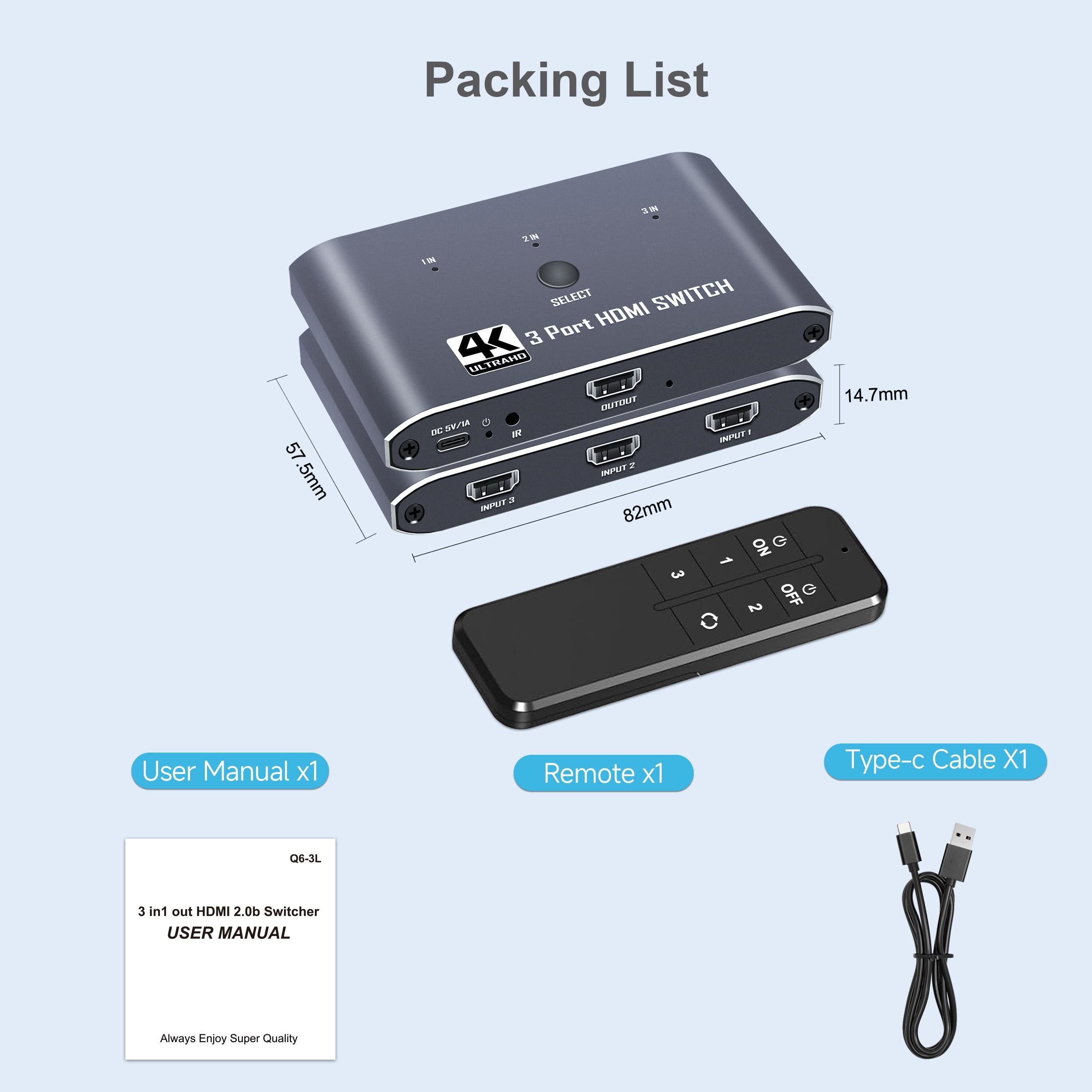 HDMI Switch 4K@60Hz, 3 Port HDMI Switch 3 in 1 Out with IR Remote Control, Support 4K, 3D, 1080P, HDMI 2.0, HDCP 2.2, Ultra HD for HDTV, PS4/5, Game Consoles etc-EX44-A-0-BK