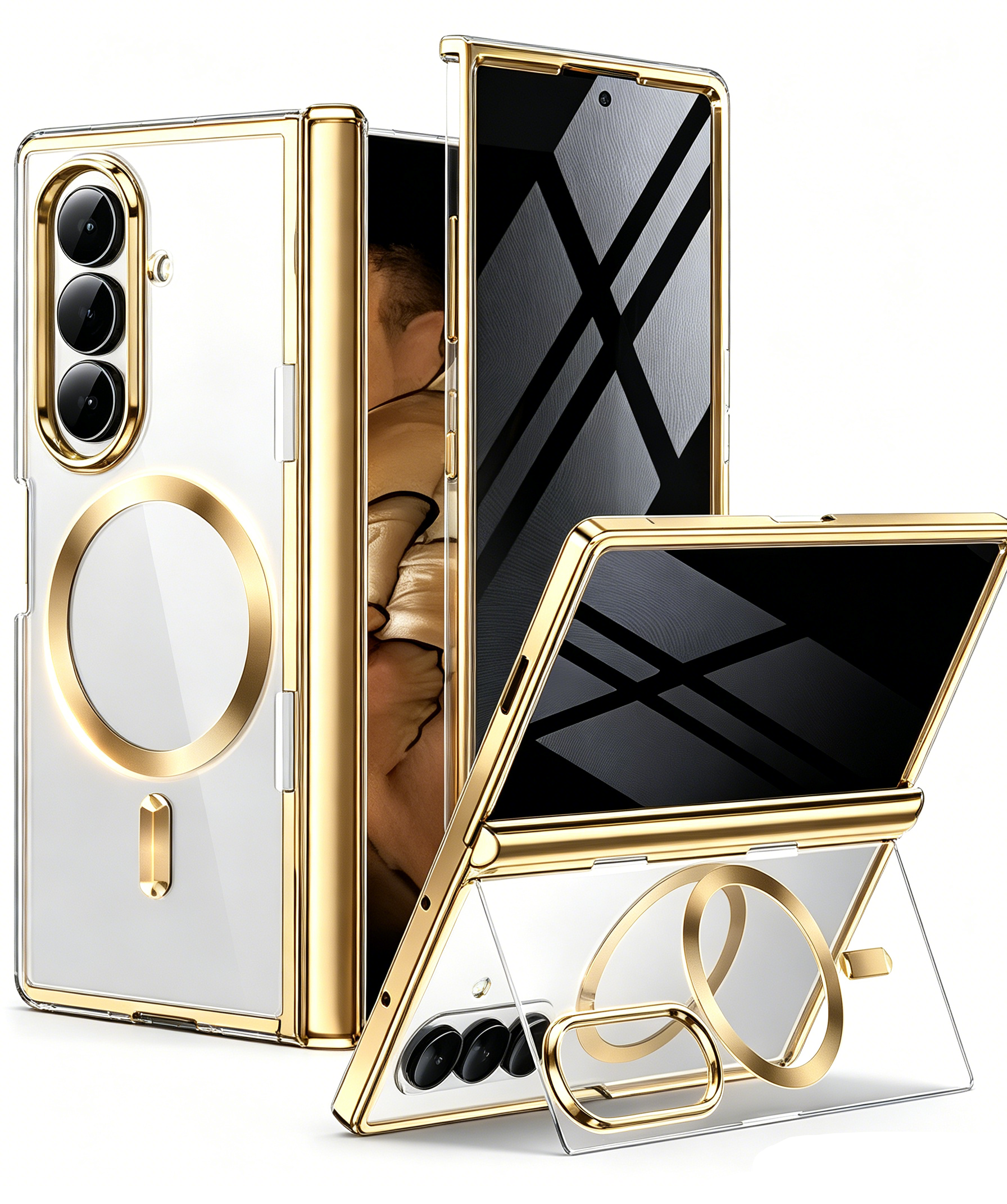 QGeeM Case for Samsung Galaxy Z Fold 7, Compatible with MagSafe, Built-in Kickstand & Hinge Protection, Built-in Screen Protector, Clear Plating Design Full-Body Slim Shockproof Phone Cover, Black