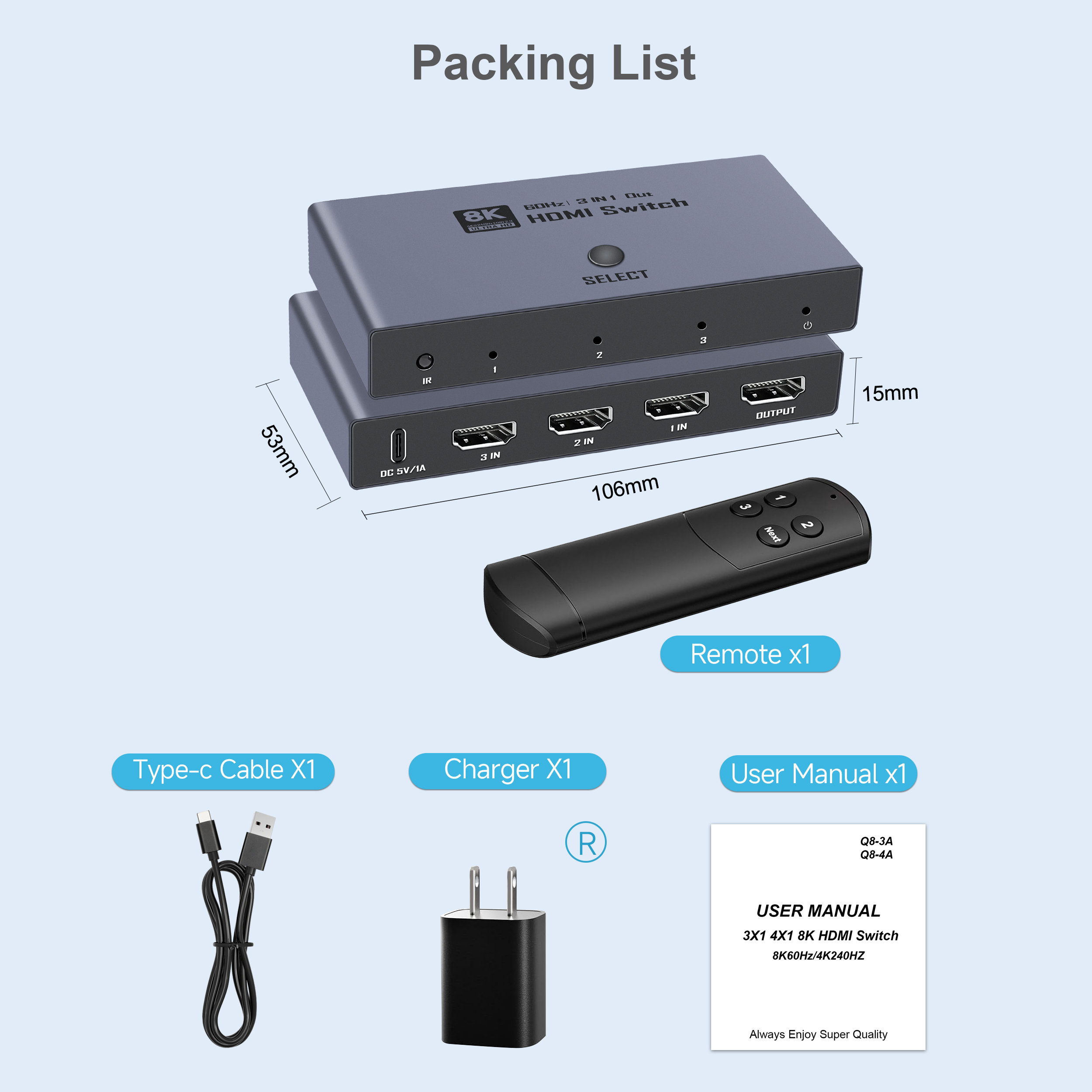 8K HDMI 2.1 Switch, HDMI 2.1 Switcher 3 In 1 Out Supports CEC 8K@60Hz, 4K@240Hz, 1080P@480Hz HDCP 2.3 HDR Dolby Atmos VRR Compatible with PS5 Xbox Blu-Ray Player with IR remote controller-EX43-A-0-BK