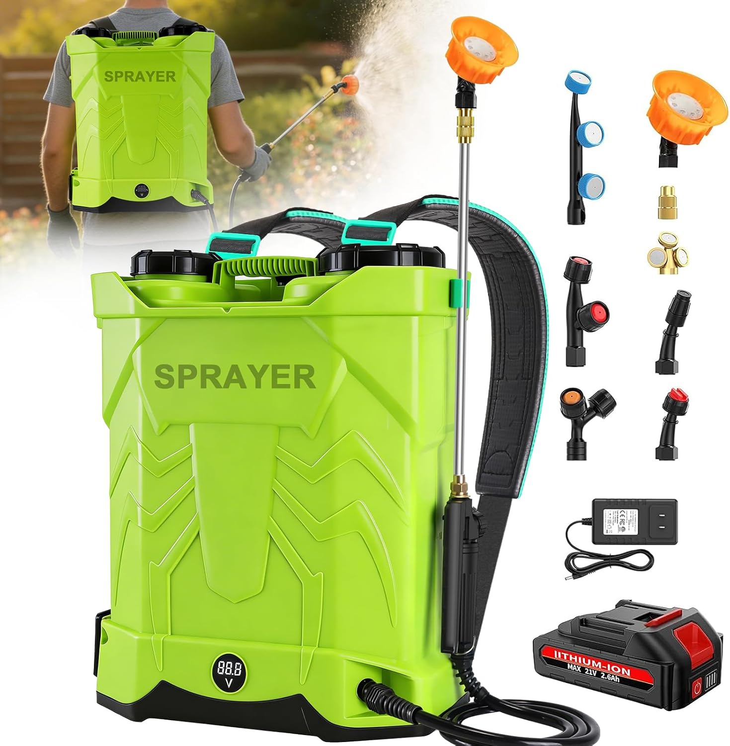 Battery Powered Backpack Sprayer 5.3 Gallon,Electric Garden Sprayer with 100 PSI Adjustable Pressure, Rechargeable 21V 2.6Ah Battery,8 Nozzles (Includes Telescopic Wand) for Lawn,Yard,Garden